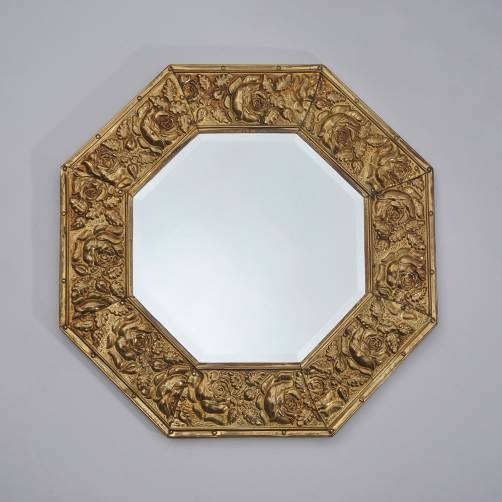 Antique Arts & Crafts style octagonal mirror, embossed brass flowers, 1920`s ca, English